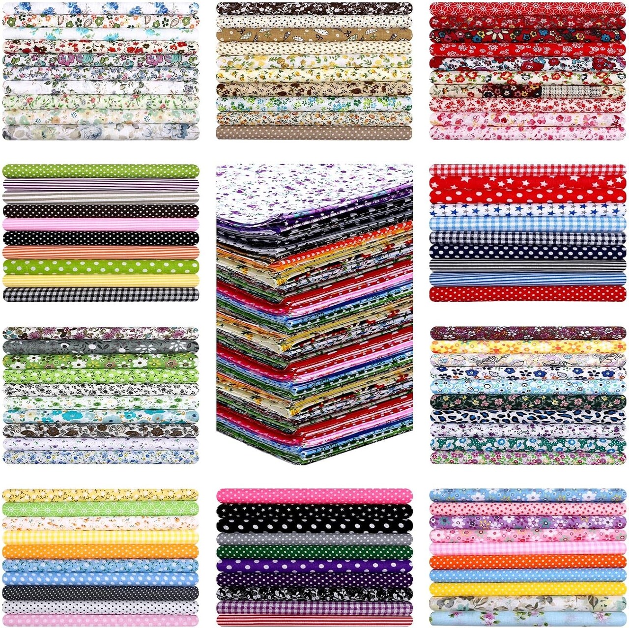 300 Pcs 10 x 10 in Cotton Fabric Square Pre Cut Patchwork Fabrics(Multi)